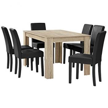 Conjunto de Mesa de Comedor Forssa 140x90cm + 6 Sillas de Polipiel - Roble Claro y Negro
