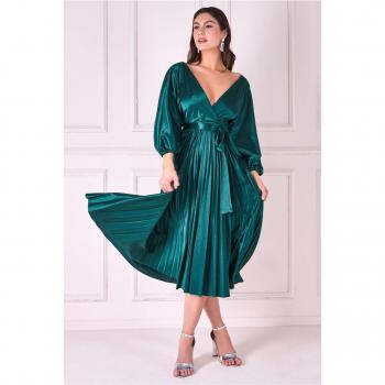 Goddiva Satin Pleated Skirt Wrap Midi Dress - Emerald Green