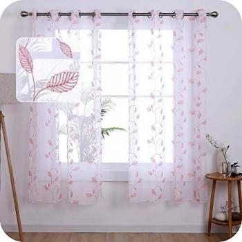 UMI. by Amazon Cortinas Salon Translucidas de Dibujos Hojas con Ollaos 2 Piezas 140x180cm Rosa