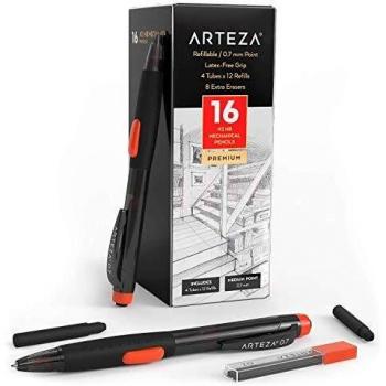 Arteza Lápices portaminas 0.7 | Punta mediana de 0,7 mm | Paquete de 16 portaminas + 48 minas + 8 gomas de repuesto | Mango sin látex
