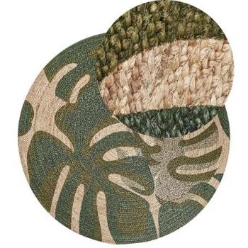 Alfombra de yute trenzada boho verde con estampado de hojas de monstera 140 cm Bayat