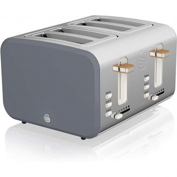 Swan Nordic Tostadora 4 Rebanadas Ranura Ancha, 1500W, Acero Inoxidable, Tirador Efecto Madera, 3 Funciones, 6 Niveles de Tostado,