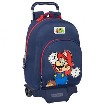Mochila Escolar con Ruedas Super Mario World Azul Marino, 32 x 42 x 15 cm, Tejido Reciclable, Ideal para Niños de Diferentes Edades, Cómoda y Versátil