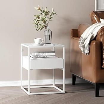 Mesa auxiliar Vissenbjerg con cajón y superficie de cristal en acero - Blanco mate 51 x 40 x 40 cm