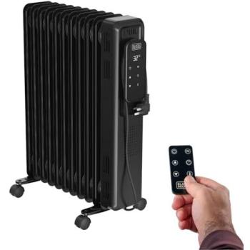 Radiador de Aceite Black+Decker BXRA2501E, 2500W, 11 Elementos, Termostato Digital, Temporizador 24h, Ultra Silencioso