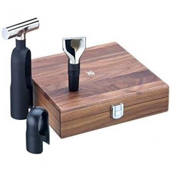 WMF Baric Sommelier Juego de vino de 3 piezas, sacacorchos, cortador de láminas, tapón de botella, en caja de nogal, negro