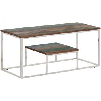 Mesa de café de acero inoxidable y madera reciclada plateada