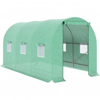 Outsunny Invernadero de Túnel 400x200x200 cm con Puerta Enrollable, 6 Ventanas, Cubierta PE 140 g/m² Anti-UV y Marco de Metal Verde