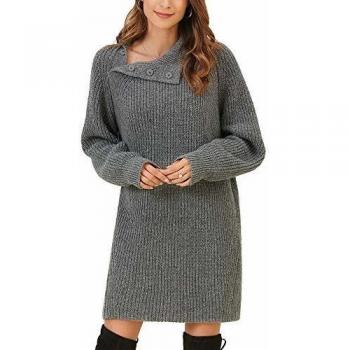 Woolen Bloom Mujeres Vestido Jersey Invierno Cuello Alto con Botón Vestido de Punto Suéter Ajustado Cuello Chaqueta para Mujer Fiesta Negocios