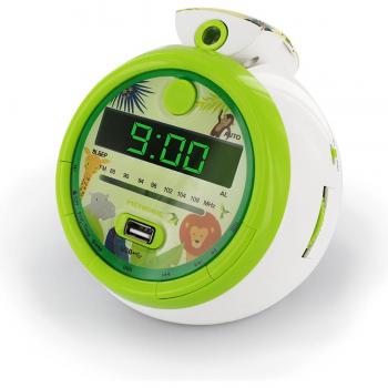 Reloj Despertador Digital Metronic con Proyector de Hora, Radio FM, Doble Alarma y USB - Diseño Infantil Jungle Verde