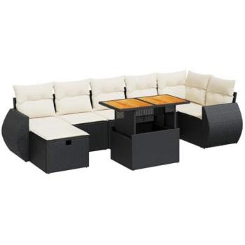 5-Piece Black Poly Rattan Acacia Garden Sofa Set with Cushions