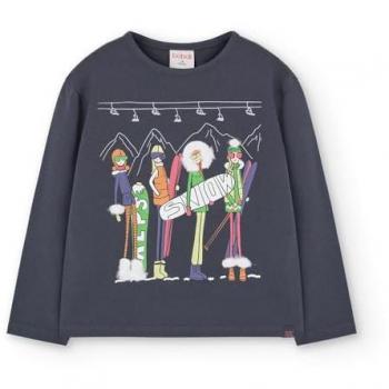 Camiseta de niña de algodón elástico con dibujo frontal y manga larga Boboli - bci AW24419059
