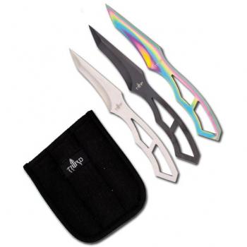Set de cuchillos lanzadores Third H7121 - 3 piezas de 18.5 cm de acero 420 en acabados negro, satinado y rainbow, incluye funda de nylon