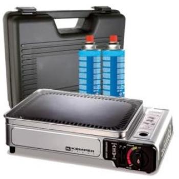 Plancha de gas portátil 2300W con placa antiadherente, 2 cartuchos de gas y maleta de transporte KEMPER