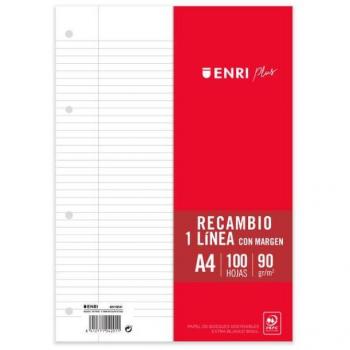 Recambio Enri A4 100 Hojas Horizontal con Margen 90g/m² 4 Taladros