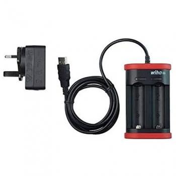 Cargador para baterías tipo 18500 de iones de litio con USB y conector británico Wiha (42766)