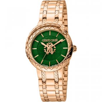 Reloj de Pulsera Analógico para Mujer Roberto Cavalli by Franck Muller - Correa de Acero Inoxidable Oro Rosa, Dial Verde Botella