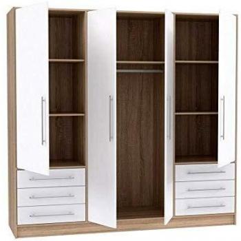 Armario Jupiter 4 Puertas + 6 Cajones en Aglomerado de Roble y Blanco, 206 x 60 x 200 cm