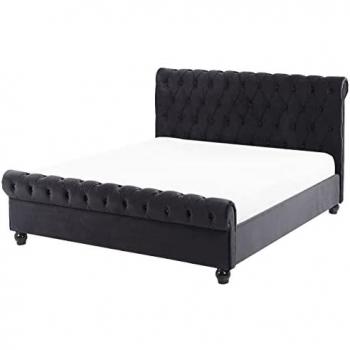 Cama Doble Tapizada en Terciopelo Negro 140 x 200 cm con Cabecero Acolchado Estilo Glam Avallon