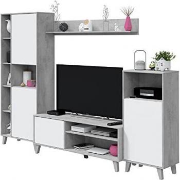 Habitdesign TV Modular, Salon, Juego de Muebles, Modelo Zoe, Acabado en Blanco Artik y Gris Cemento, Medidas: 260 cm