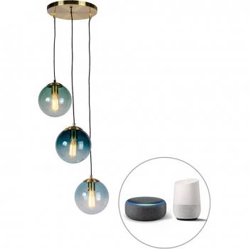 Lámpara colgante inteligente de latón y cristal azul, 3 bombillas WiFi ST64 - PALLON