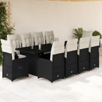 Set de jardín 11 piezas con mesa y sillas de ratán polyrattan negro y cojines
