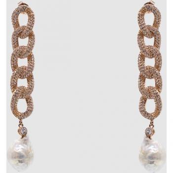 Pendientes largos con eslabones entrelazados de plata de ley 0925 bañados en oro rosa con pavé de circonitas blancas, circonitas blancas y perlas barrocas
