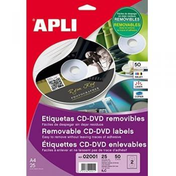 APLI 2001 - Etiquetas CD/DVD Removibles tamaño clásico Mate 10 Hojas I/L/C