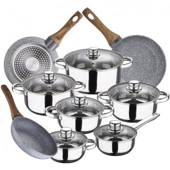 Batería de cocina 12 piezas San Ignacio Cassel en acero inoxidable con sartenes Daimiel de aluminio forjado (22/24/26 cm)