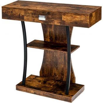 Mesa Consola Industrial de 3 Niveles con Cajón, para Entrada y Oficina, 91 x 30 x 88 cm (Marrón)