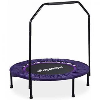 Cama Elástica Plegable para Interior con Barra de Apoyo, Capacidad hasta 120 kg, Metal-Nailon-Poliéster, Dimensiones 113 x 102 x 102 cm, Negro-Lila