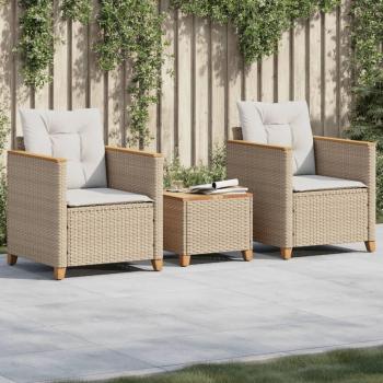 Beige 3-Piece Bistro Set with Cushions, Poly Rattan and Acacia Wood