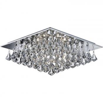 Plafón de diseño Hanna Chrome 6 bombillas 17cm, Lámpara de techo cuadrada con prismas de cristal 44x44cm, Hanna 6 Light Square Ceiling Semi Flush Light Chrome con pirámides de cristal,