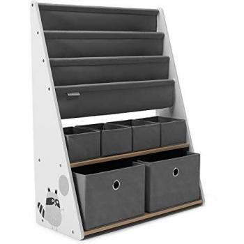 kk Kinderkraft Estantería para niños RACOON, Mini Libreria, Organizador de Juguetes, Blanco y Gris