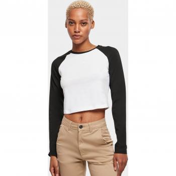 Urban Classics Women's Organic Cropped Retro Baseball Long Sleeve Shirt - White/Black (Sizes L to 4XL)