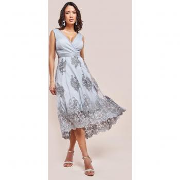 Goddiva Gray Pleated Satin High-Low Dress