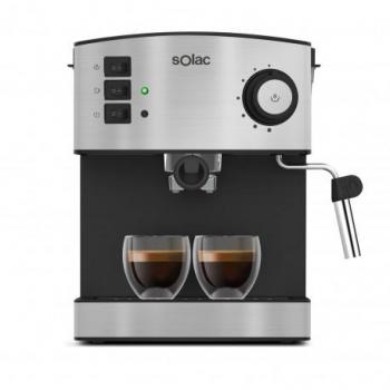 Cafetera express - SOLAC CE4483: Máquina de café espresso con 20 bares de presión, capacidad de 1.6 litros, potencia de 850 W, prepara 2 cafés simultáneamente, compatible con café molido y monodosis, acabado en acero inoxidable y color gris.