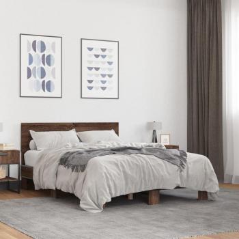 Cama de madera de ingeniería y metal marrón roble 135x190 cm