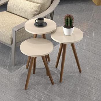 Set de 3 mesas auxiliares redondas Snede en varios tamaños, aglomerado y madera - color crema