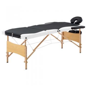 Foldable 3-Section Massage Table with Wooden Frame in Black and White