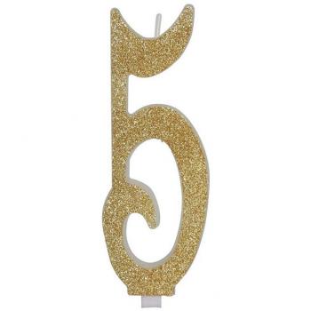 Vela Escarchada Oro Número 5, de 12.5 cm
