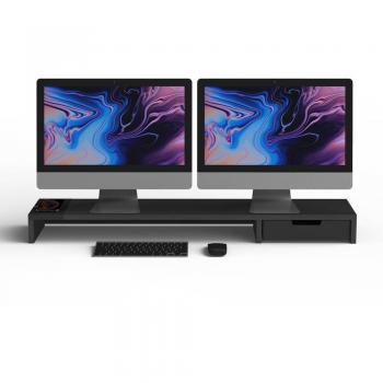 Soporte de Mesa para Doble Monitor con Carga Inalámbrica Universal POUT EYES 9, Color Negro, Modelo POUT-02501-02(B), Dimensiones 100 x 22 x 9 cm