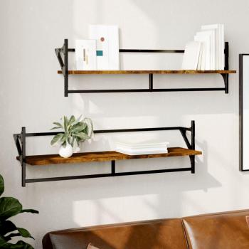 Estantes de pared con barras 2 uds 100x25x30 cm Negro, Roble Sonoma, Roble ahumado Mueble Almacenaje Estantería para Oficina, Estudio, Dormitorio Estantería/Librería/