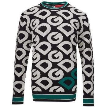 Dolce & Gabbana Black Wool Sweater with White Logo Allover, Elegant Black Cotton Sweater - IT42|M, Female Sweatshirt in Black, Size: S Black Cotton Sweater for Women