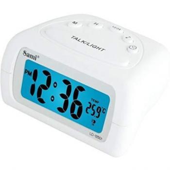Sami-LD12501B Despertador Digital SAMI con Pantalla LCD, Luz Azul, Anuncia Hora y Temperatura y Control de Volumen. Repetición de Alarma, Diferentes Tonos de Alarmas y Señal Horaria. Color Blanco.