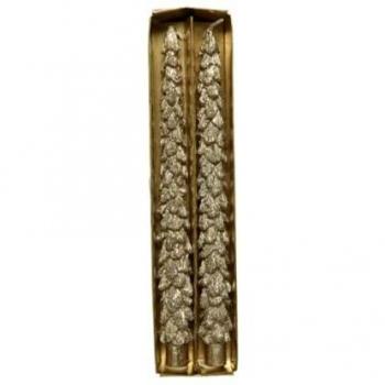 Pack de 2 velas doradas en forma de pino con brillantina, Ø3,5 x 26,5 cm
