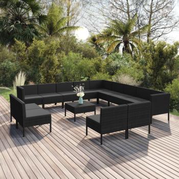 Juego de muebles de jardín 14 piezas con sofás y almohadas de polyrattan negro