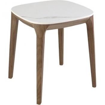 Mesa rincón cuadrada ANGEL CERDÁ 2133C, mármol porcelánico blanco y gris brillo, nogal, dimensiones 50 x 50 x 51 cm