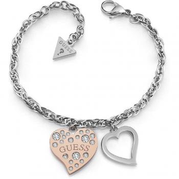 Brazalete Guess Ladies Bracelet UBB78095-L con diseño elegante, fabricado en acero inoxidable, acabado en oro rosa, incluye detalles de cristal y es ajustable para un ajuste cómodo