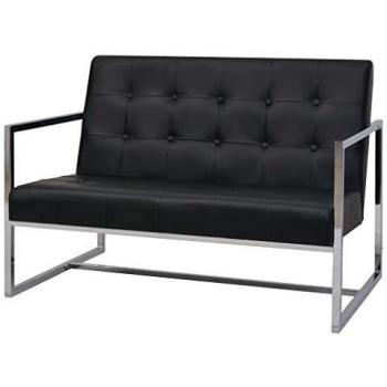 vidaXL Sofá 2 Plazas Reposabrazos Acero Cuero Negro Sillón Asiento Silla Banco
